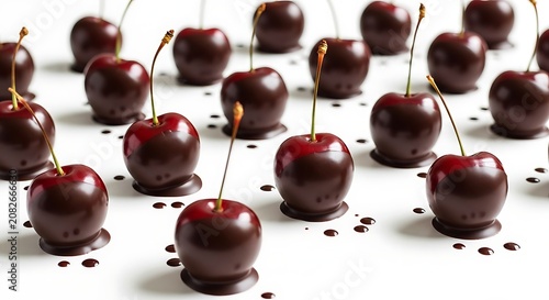 Cherries Arrayed on White Surface with Drips