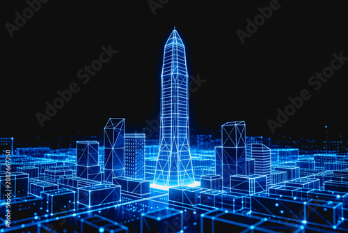 A futuristic 3D wireframe cityscape with glowing blue digital architectural structures, representing smart urban technology.