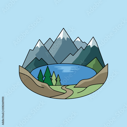 A scenic mountain range overlooks a calm blue lake