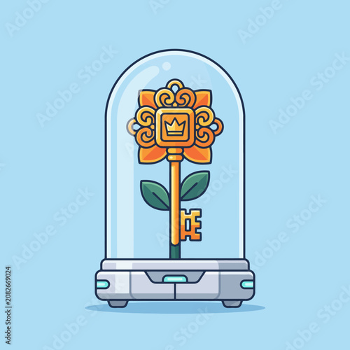 A golden key shaped like a flower inside a glass dome