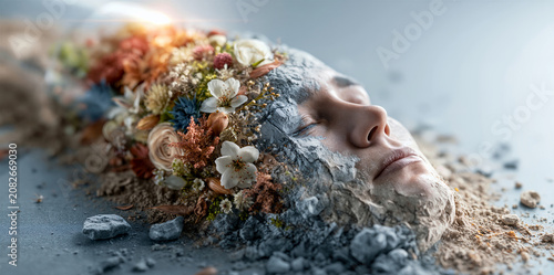 Peaceful earthy visage. Calm portrait of woman merging earth and blossoms beautifully