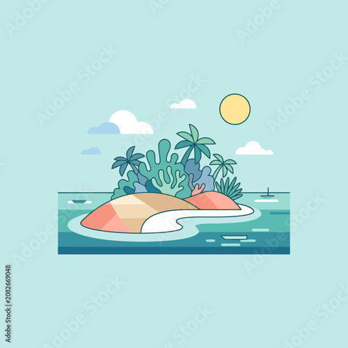 A flat vector illustration of a tropical island