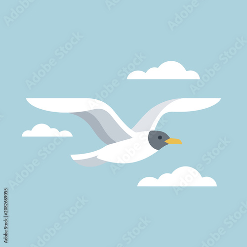 A stylized seagull flies through a calm and cloudy sky