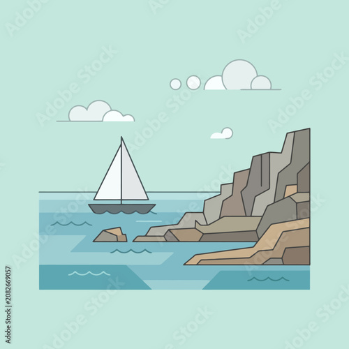 A small sailboat glides past rocky cliffs on calm water