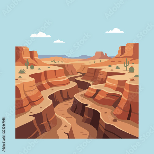 A scenic desert canyon landscape with red cliffs