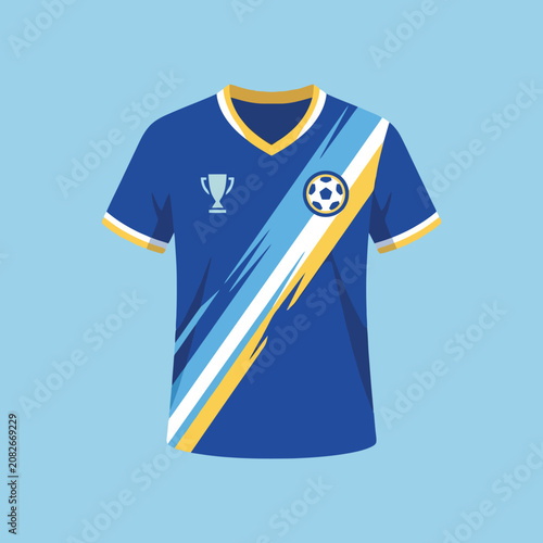 A blue soccer jersey with a trophy and ball icon design