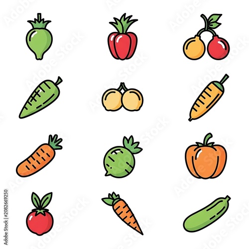 Colorful fruits and vegetables illustration set.