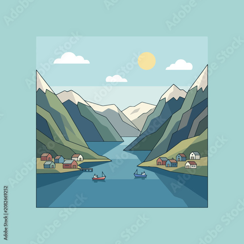 Flat vector illustration of a scenic mountain fjord village
