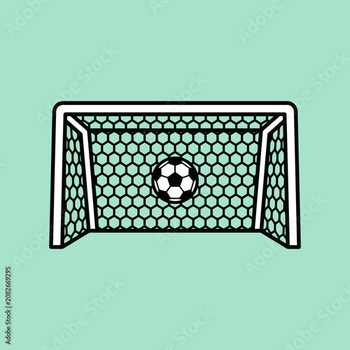 Soccer ball hitting the back of a goal net on green background