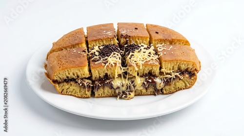 Freshly baked chocolate chip cookie on white plate.