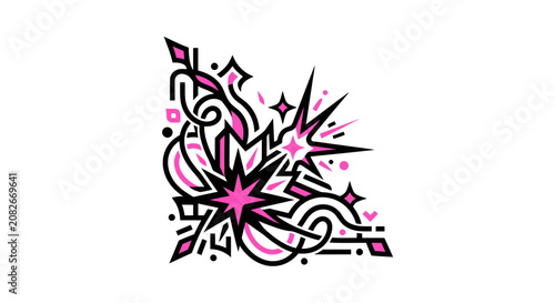 Pink and Black Abstract Corner Design with Stars and Swirls - Festive Graphic Element