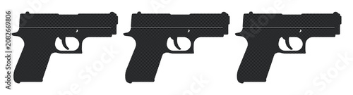 Three black pistol silhouettes, a set of modern handgun vector icons. Simple firearm illustrations for security, crime, law enforcement, or military concepts.