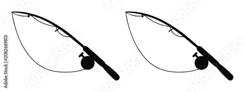 Minimalist Fishing Rod Vector Icon Set, two black silhouette fishing poles with reels, simple graphic design elements for outdoor recreation and hobby concepts