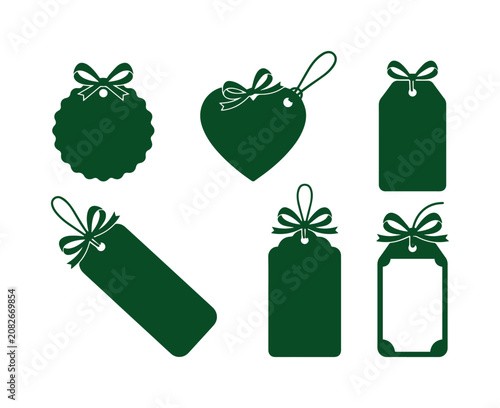 Elegant dark green gift tags vector set, decorative price labels with bows, blank sale tags for retail and special occasions, customizable vector graphics for branding and promotions
