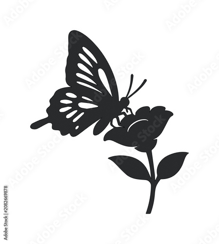 Elegant black butterfly silhouette vector, delicate insect on a blooming flower, nature-inspired graphic for spring designs, decorative floral and fauna illustration