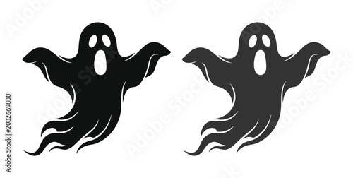 Spooky black ghost vector illustration, two scary Halloween specter silhouettes, eerie phantom graphic for holiday designs, haunted spirit icon set for seasonal marketing.