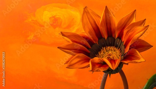 Close-up of a vibrant, multi-layered flower with orange and red petals against a bright orange, blurred backdrop