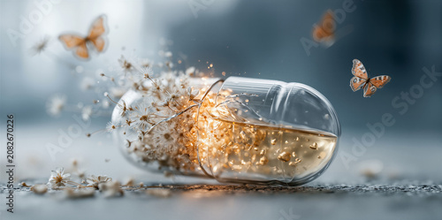 Capsule shattering releasing shimmering sparkles with fluttering butterflies and misty atmosphere