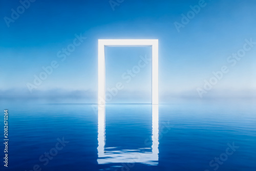 A white door frame stands upright on calm blue water, mirroring against the surface under a clear light blue sky, creating a serene minimalist scene.