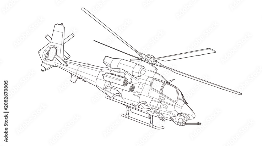 Fototapeta premium Military Attack Helicopter Line Art Vector Illustration of Tactical Gunship Aircraft