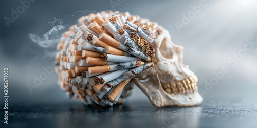 Detailed profile of cigarettebased skull releasing smoke with textured filters and soft lighting