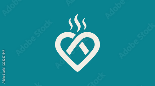 Heart-shaped pretzel logo with steam, teal background