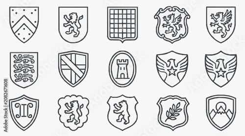 Dynamic Collection of 15 Unique Black and White Heraldic Shields and Crests with Symbols Lions Eagles Castles and Emblems