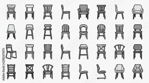 Modern Minimalist Line Drawing Collection of 40 Unique Chair Designs in Monochrome with high quality professional line art symbols for modern creative design and digital branding projects