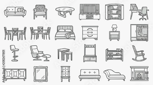 Professional Line Drawing Set of Modern Minimalist Furniture and Home Decor Icons in Black and White