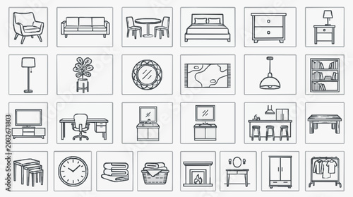 Creative Minimalist Black and White Line Drawing Icons Set of Modern Home and Office Furniture Decor and Appliances
