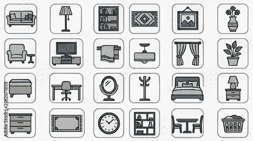 Creative Minimalist Line Drawing Icons Set of Various Home and Office Furniture Decor and Appliances in Monochrome