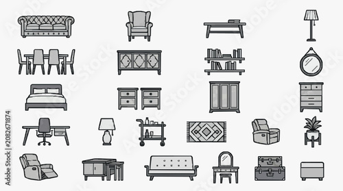 Creative Minimalist Black and White Line Drawing Set of Iconic Furniture and Home Decor Items for Design Projects
