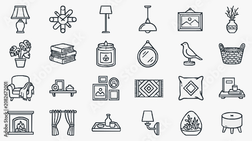 Elegant Minimalist Black and White Line Drawing Set of Home and Lifestyle Icons for Decor Furniture and Interior Design