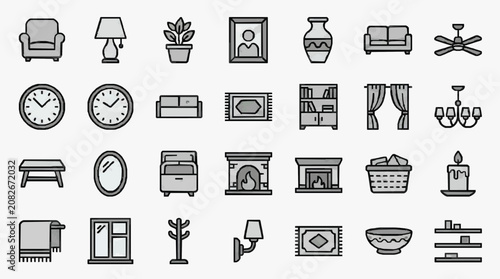 Elegant Minimalist Line Drawing Icons Set of Home and Living Room Essentials in Monochrome with high quality professional line art symbols for modern creative design and digital branding projects