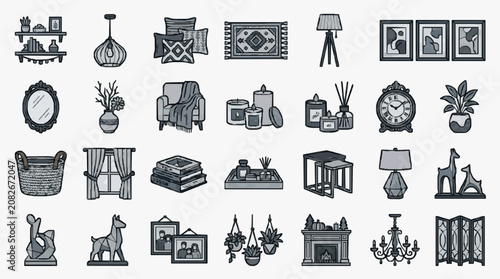Modern Minimalist Black and White Line Drawing Interior Decor and Furniture Icons Set with high quality professional line art symbols for modern creative design and digital branding projects