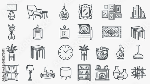 Sleek Minimalist Black and White Line Drawing Icons of Modern Home Decor and Furniture Essentials