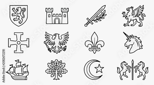 Professional Black and White Icons Set of Medieval and Heraldic Symbols for Stock Use with high quality professional line art symbols for modern creative design and digital branding projects