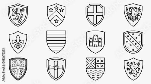 Creative Black and White Line Art Collection of 12 Unique Heraldic Shields with Symbols Crests and Coats of Arms