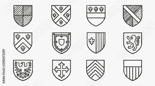 Industrial Black and White Line Art Collection of 12 Unique Heraldic Shields and Coats of Arms Illustrations