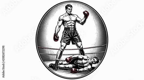 boxer standing, victorious, over defeated opponent
