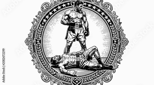boxer standing, victorious over defeated opponent