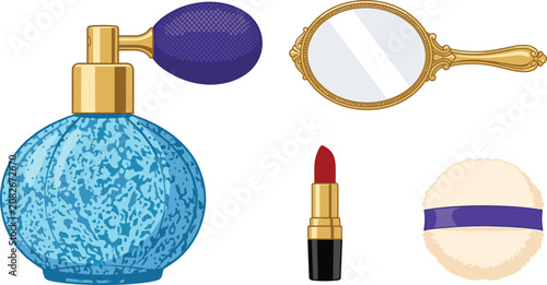 Foto Vintage cosmetic vanity vector illustration set with antique perfume atomizer bo