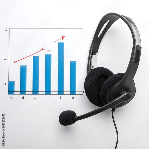 Headset with upward trending business growth chart showing progress