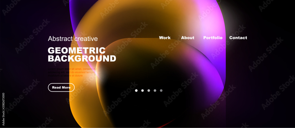 Naklejka premium Abstract design features vibrant orange, purple shapes. Dark background highlights text, navigation elements. Modern aesthetic.