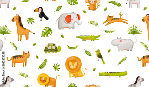 Photography Cute jungle animals seamless pattern with safari lion elephant and giraffe vector