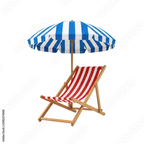 Beach Chair with Striped Umbrella Transparent Background