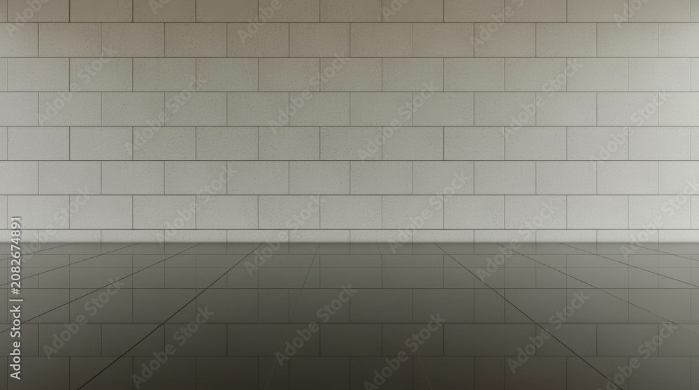 Fototapeta premium Minimalist tiled wall and reflective tiled floor with soft gradient lighting, calm atmosphere