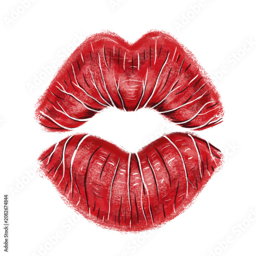 A red lipstick kiss mark on a white background showing the textured grainy surface of the pigment and the natural creases of the lips on transparent background