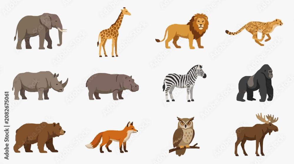 Obraz premium Clean Illustrated Set of 12 Colorful African Wildlife Animals Icons with high quality professional line art symbols for modern creative design and digital branding projects