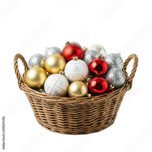 Christmas Ornaments in Woven Basket Transparent Background